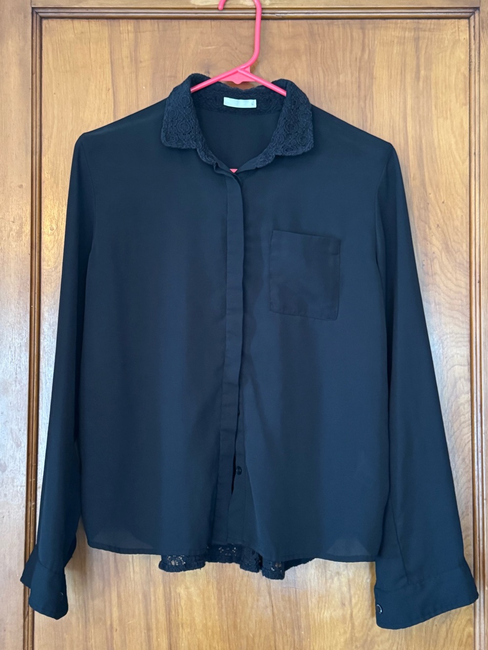 Uniqlo Black Long-Sleeve Button-Up Shirt with Lace Back and Collar